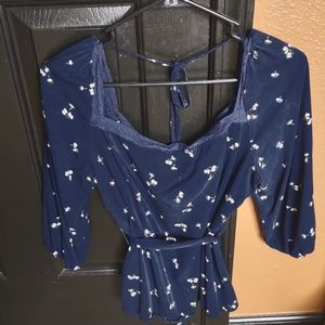 Dark blue blouse/ cute flowers, lace neck, tie at back neck, and waist. Sz. XXL